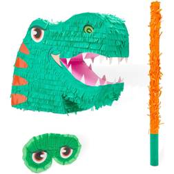 Large Dinosaur Pinata Set with Blindfold and Stick 14 x 20 x 5.5 In, 3 Pieces Green