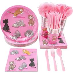 Juvale Cat Birthday Party Supplies, Paper Plates, Napkins, Cups and Plastic Cutlery Serves 24, 144 Pieces