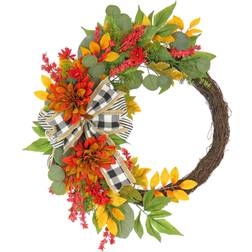 National Tree Company Wreaths Orange & Buffalo Check Bow Harvest Dahlia Wreath Decoration