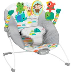 Bright Starts Hamaca para bebés Playful Paradise Comfy con vibración calmante y 3 juguetes giratorios, arco de juguetes removible, arnés de 3 puntos, unisex, 0-6 meses hasta 9 kg