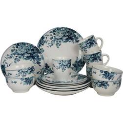 Elama 16 Piece Traditional Rose Dinnerware Blue Dinner Set 16pcs
