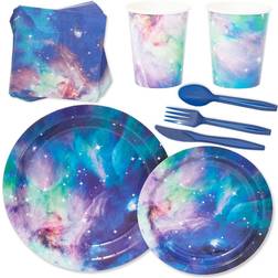 168 Pieces Outer Space Dinnerware Set with Cutlery, Galaxy Birthday Party Decorations Serves 24 Blue