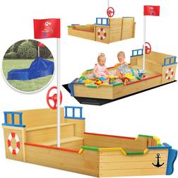 KIDIZ Sandkasten Ahoi Piratenschiff Boot Segelschiff aus Holz Inkl. Abdeckung Bodenplane Sitzbank Flaggenmast Große Kinder Sandkiste für den Garten Outdoor Sandbox