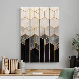 Impression sur bois Hexagones d'or noir et blanc