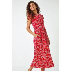 Roman Ditsy Gathered Skirt Stretch Midi Dress - Red