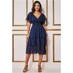 Goddiva Chiffon Layered Flutter Sleeve Midi Dress