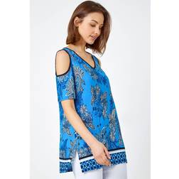 Roman Paisley Border Print Cold Shoulder Top - Blue