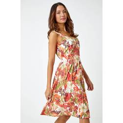 Roman Sleeveless Tropical Pleated Stretch Dress
