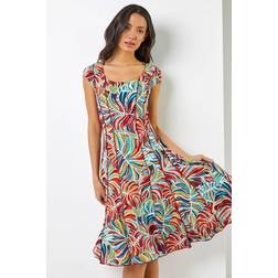 Roman Textured Leaf Print Panel Dress