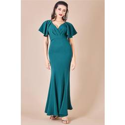 Goddiva Flared Sleeve Front Wrap Maxi Dress Emerald Green