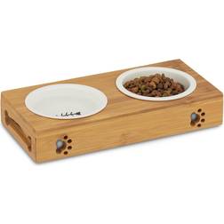 Relaxdays Bamboo Dog Feeding Station, 2 Ceramic Bowls, Cats, Various