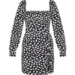 PrettyLittleThing Dalmatian Print Bow Detail Side Split Bodycon Dress - Black