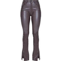 PrettyLittleThing Coated Denim Split Hem Flares Trousers - Chocolate