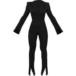 PrettyLittleThing Split Hem Tie Waist Cut Out Blazer Jumpsuit - Black