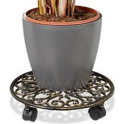 Relaxdays Portavasi Rotondo ø 33,5 cm Sottovaso in Metallo 4 Ruote Design Antico Resistente Bronzo