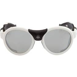 Moncler Round Unisex Sunglasses - White/Black/Leather Grey/Silver Mirror
