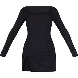 PrettyLittleThing Ribbed Split Hem Square Neck Long Sleeve Bodycon Dress - Black