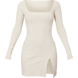 PrettyLittleThing Ribbed Split Hem Square Neck Long Sleeve Bodycon Dress - Cream