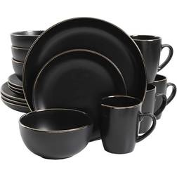 Gibson Rockaway Round Stoneware Dinnerware Service for 4 16 pcs Black Gold Rim Dinner Set 16pcs