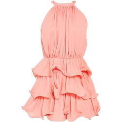 PrettyLittleThing Tiered Frill Short Halterneck Playsuit - Peach