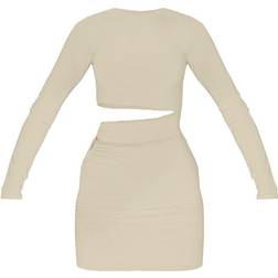 PrettyLittleThing Slinky Cut Out Waist Ring Detail Bodycon Dress - Stone