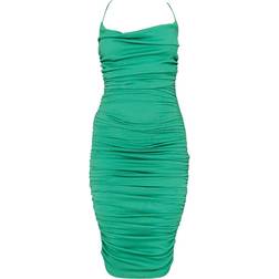 PrettyLittleThing Crinkle Texture Ruched Cowl Neck Midi Dress - Green