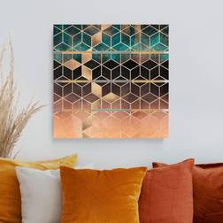 Holzbild Plankenoptik Türkis Rosé goldene Geometrie