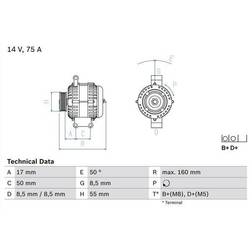 Bosch 0 986 049 081 Alternateur 14V 75A FIAT 500 3 Portes