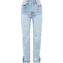 PrettyLittleThing Ripped Split Hem Straight Leg Jeans - Light Blue Wash