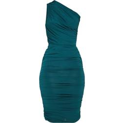 PrettyLittleThing Slinky One Shoulder Ruched Longline Midi Dress - Emerald Green