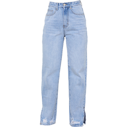 PrettyLittleThing Petite Ripped Split Hem Straight Leg Jeans - Light Blue Wash