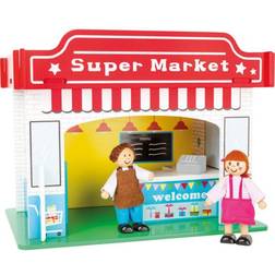 Small Foot 10853 Spielhaus Supermarkt aus Holz, mit 2 Puppenfiguren, Zubehör und abnehmbarem Dach, ab 3 Jahren