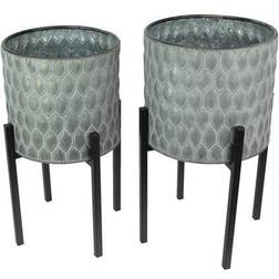 Napco Set Of 2 Galvanized Zinc Finish Leaf Pattern Metal Planters