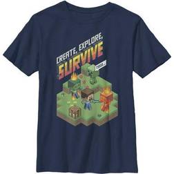 Microsoft Boy Minecraft Steve Create Explore Survive Graphic Tee Navy Blue