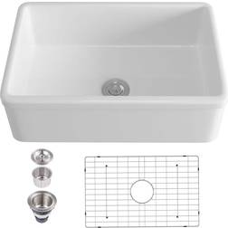 Eridanus White Ceramic Single Bowl Farmhouse Apron Kitchen Sink with Grid Strainer