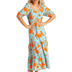 Dusk Button Through Floral Print Midi Dress - Orange