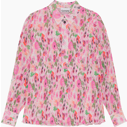 Ganni Pleated Georgette Half Placket Blouse Suger Plum Mønstret