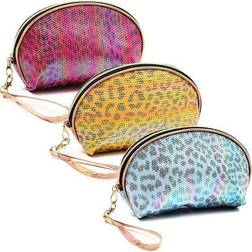 3x leopard half moon travel cosmetic makeup bag jewelry pouch w/ lanyard, women