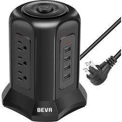 Beva power strip tower surge protector flat plug desktop charging station wit