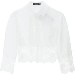 Dolce & Gabbana Kurze Bluse Aus Popeline Mit Einsätzen Aus Spitze Weiß