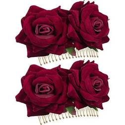 Bememo 2 Pack Rose Flower Hair Clip Flamenco Dancer Dark Red
