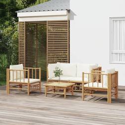 vidaXL Set muebles jardín 5 piezas bambú y cojines blanco crema - Marrón Conjunto de Sala de Exterior