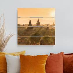 Holzbild Plankenoptik Sonnenuntergang über Bagan