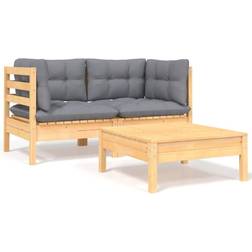 vidaXL Juego Muebles Jardín 3 Pzas Cojines Gris Madera Pino Maciza Conjunto de Sala de Exterior