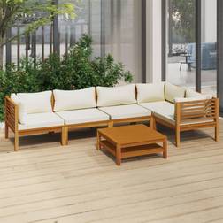 vidaXL 6-Tlg Garten-Lounge-Set Mit Creme Kissen Massivholz Akazie 2x Mittelteil 3x Eckteil Tisch Lounge-Set