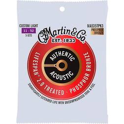 Martin MA535T Authentic Lifespan 2.0 Phosphor Bronze Acoustic Guitar Strings .011-.052 Custom Light 3-pack