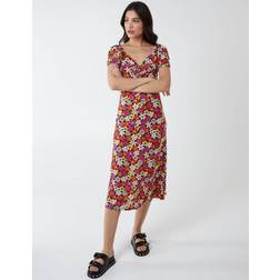 Blue Vanilla V Neck Ruched Midi Dress Black/Pink