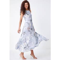 Roman Grey Lace Top Overlay Pleated Midi Dress