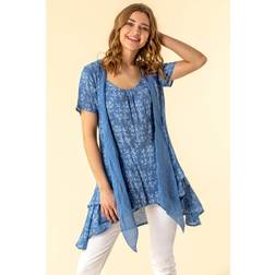 Roman Floral Print Crinkle Tunic Top - Light Blue