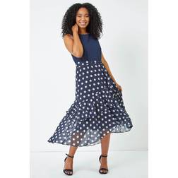 Roman Petite Sleeveless Polka Dot Chiffon Midi Dress - Navy